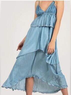 Pinko Light Blue Tiered Breezy Maxi Dress with Crisscross Back: Size 6 (IT 42)